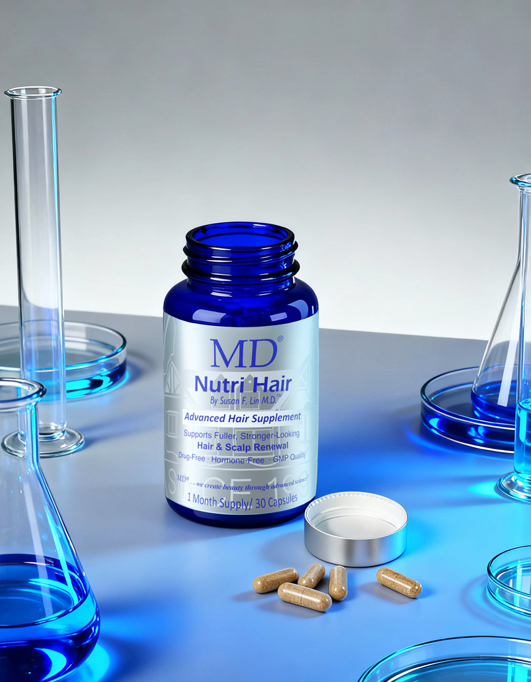 MD Nutri Hair supplement bottle. Physician-formulated to support the natural hair growth cycle and improve follicle density.