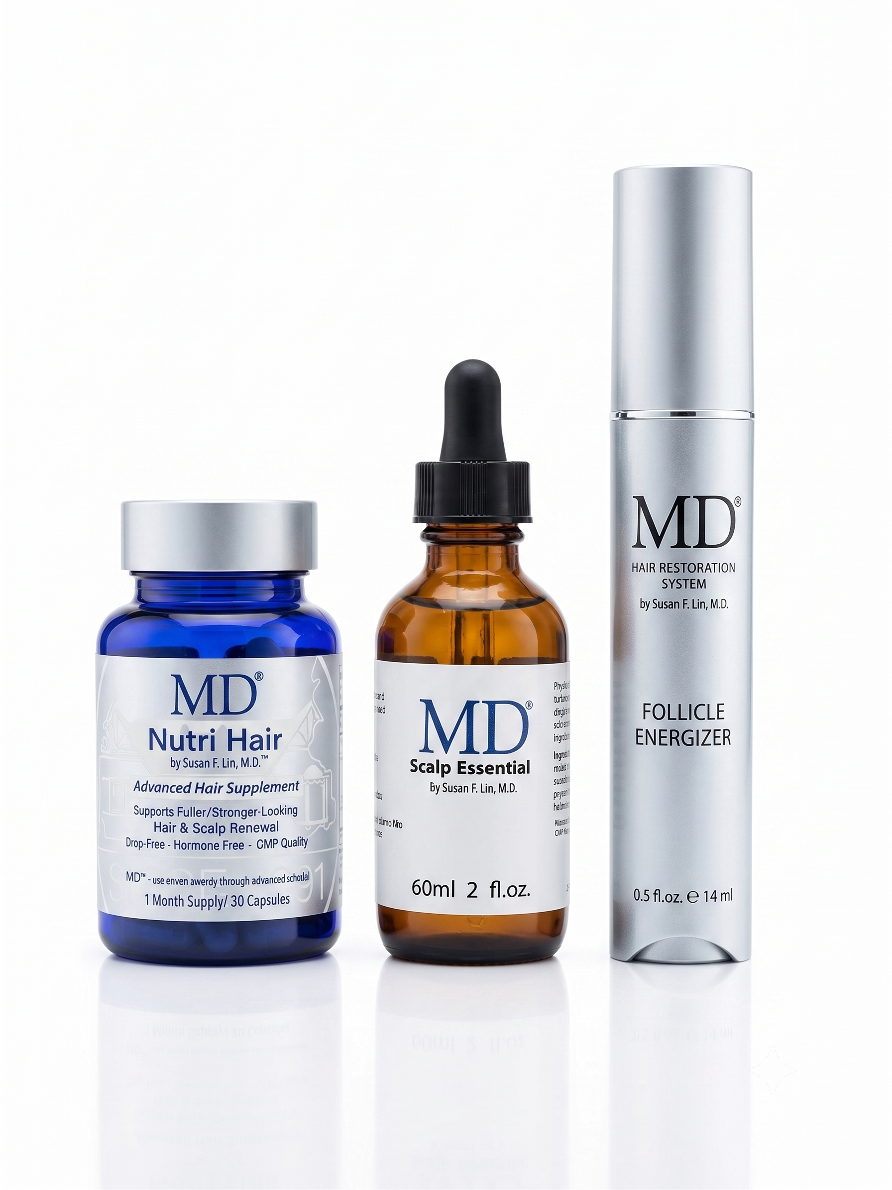 MD Hair Restoration Starter Kit – includes Nutri Hair, Follicle Energizer, Scalp Essentials, and branded box for thinning hair support
