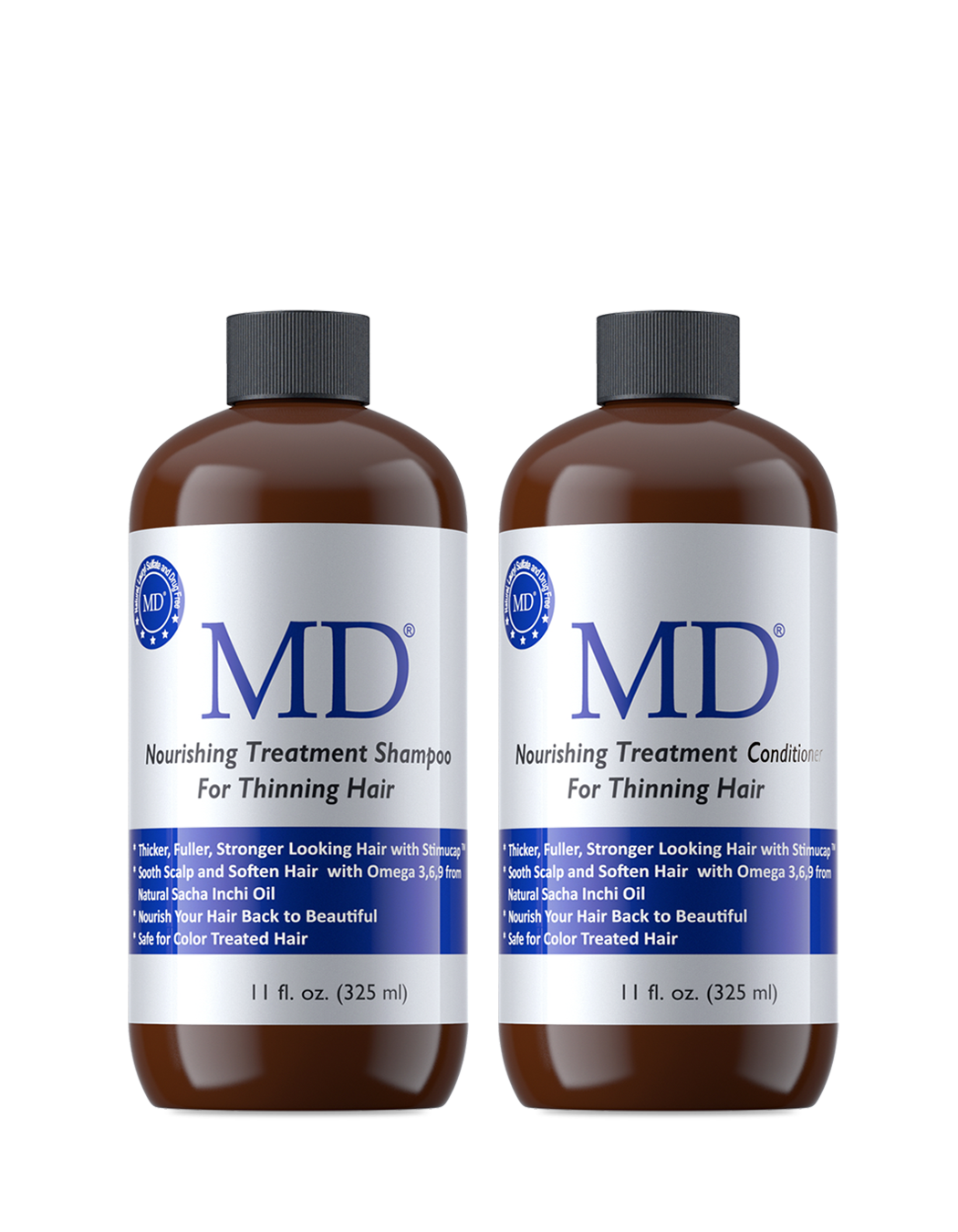 Two bottles — MD® Revitalizing Treatment Shampoo and Conditioner by MD HAIR™, sulfate-free and physician-formulated by Dr. Susan Lin, M.D.