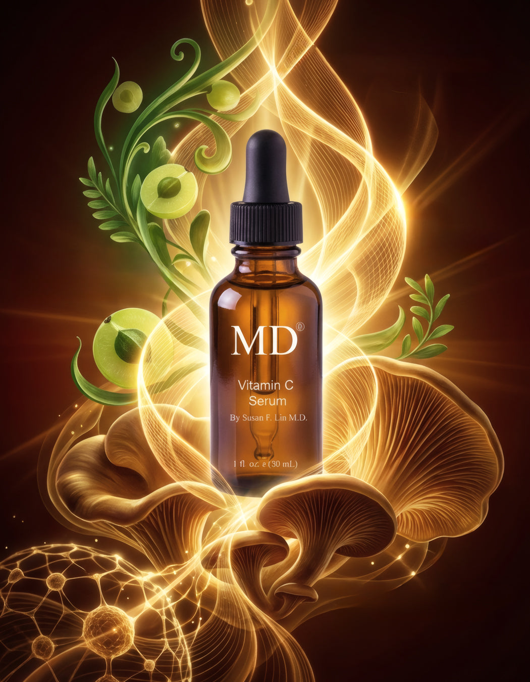 MD Ultimate Vitamin C Serum in a laboratory science setting highlighting the 20% USP-grade purity and ionic delivery system for professional skin results