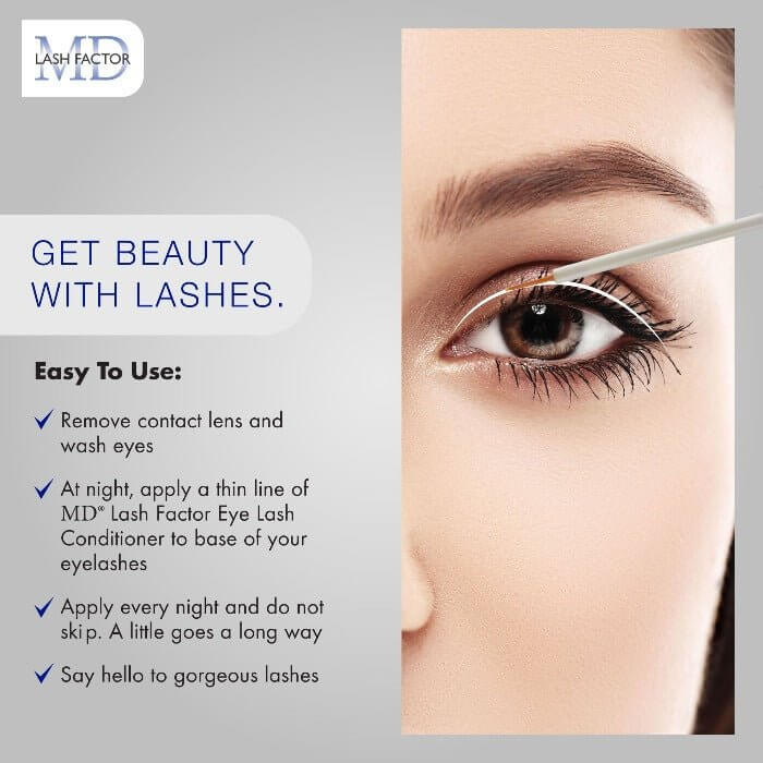 Illustration showing MD Lash Factor applied to base of upper lashes with message: Get beauty through longer, fuller-looking lashes